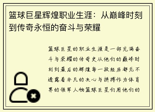 篮球巨星辉煌职业生涯：从巅峰时刻到传奇永恒的奋斗与荣耀